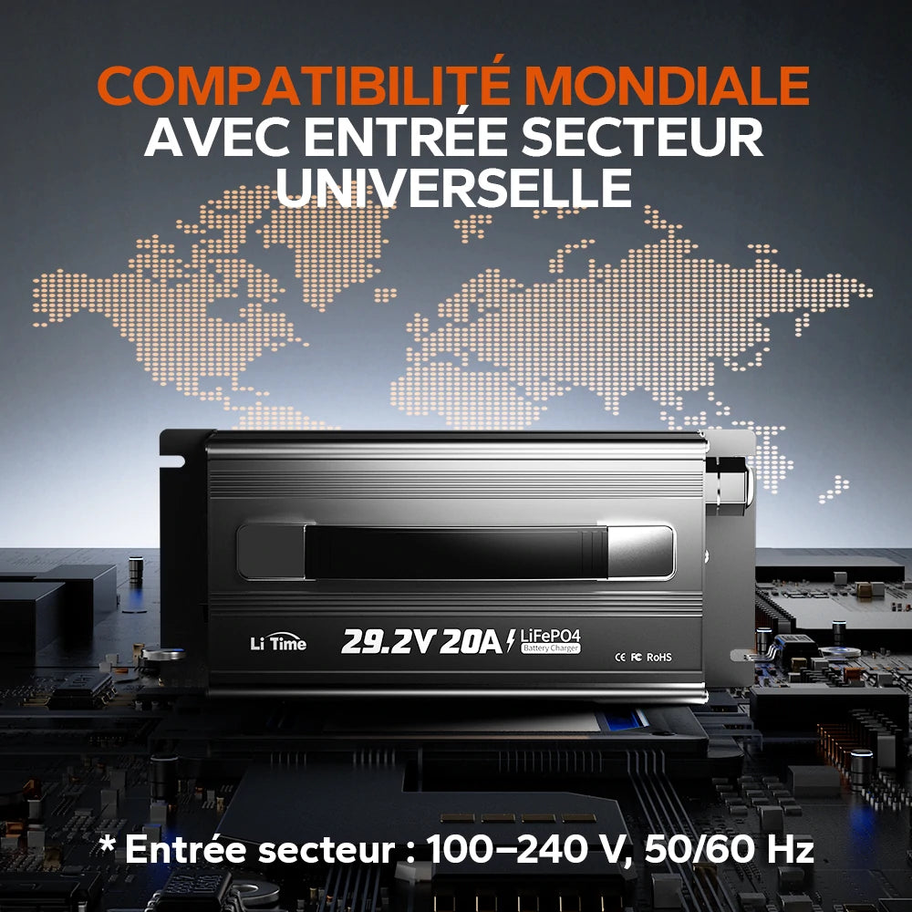 Contenu de l'emballage, dimensions et accessoires du chargeur LiFePO4 24V 20A