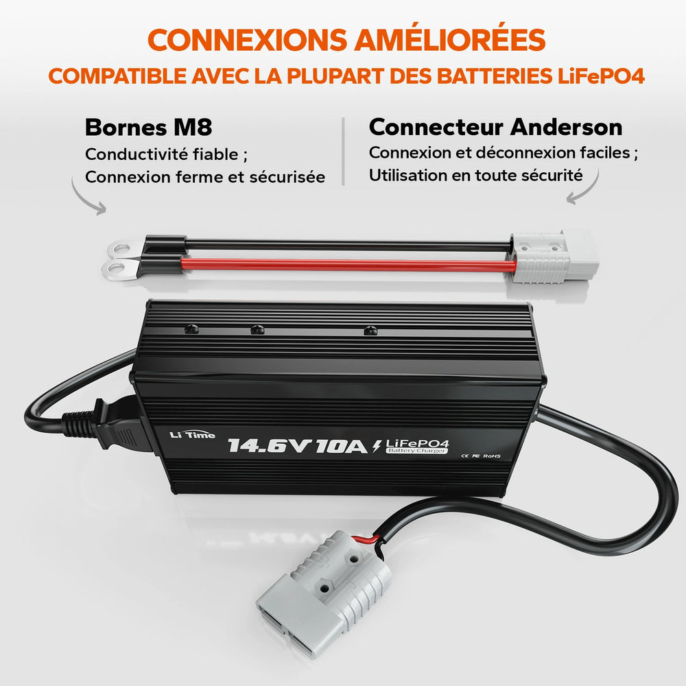 Chargeur de batterie LiFePO4 avec bornes M8 et connecteur Anderson pour une connexion rapide et sécurisée