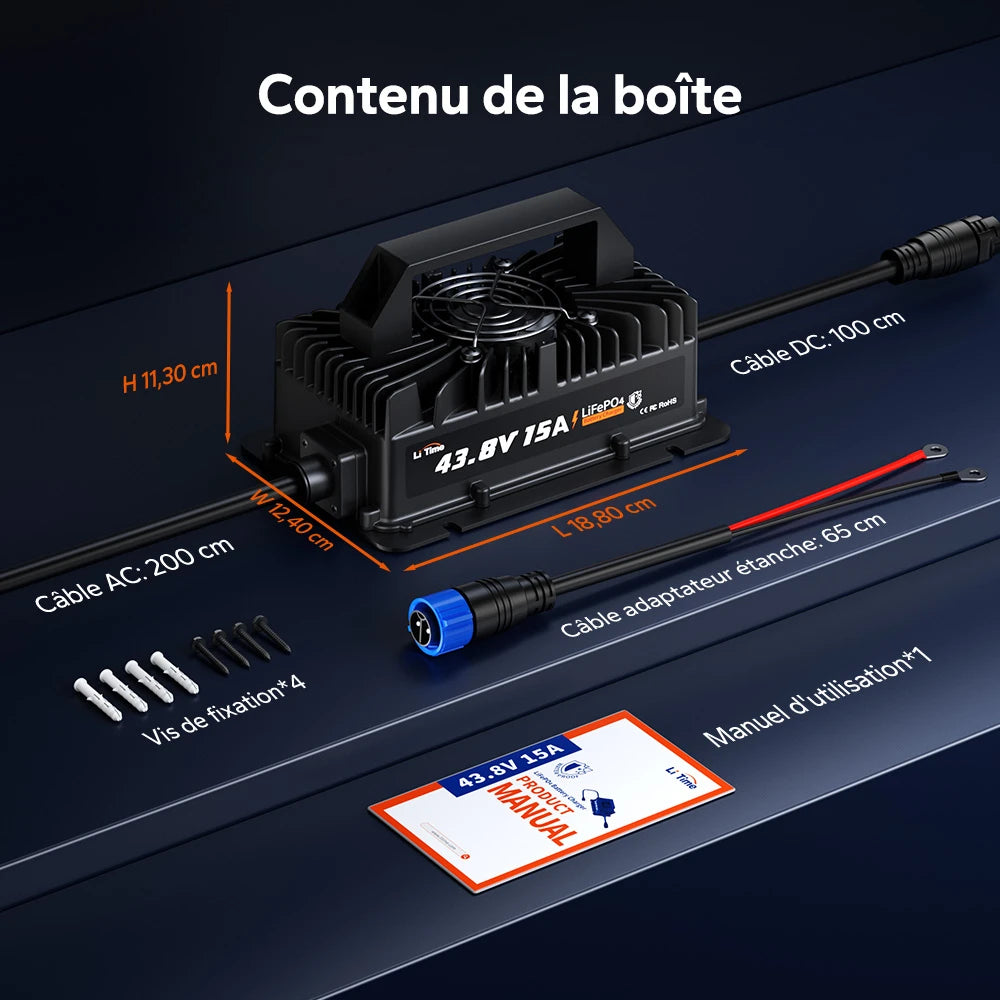 Contenu de la boîte du chargeur LiTime 36V 15A : inclut le chargeur, un câble AC de 200 cm, un câble adaptateur étanche, des vis de fixation et le manuel d'utilisation