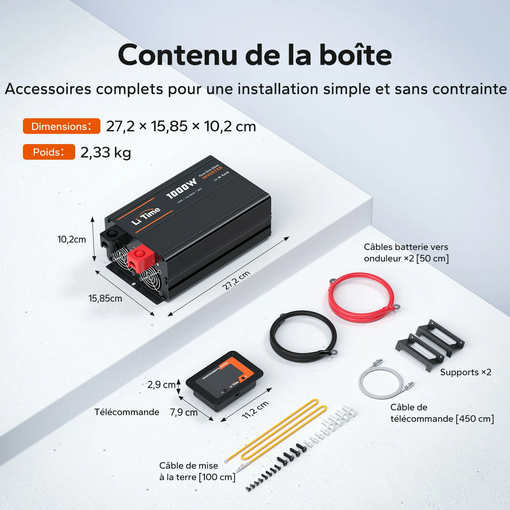 Contenu de la boîte, dimensions (27,2 x 15,85 x 10,2 cm) et poids (2,33 kg) de l'onduleur LiTime 1000W
