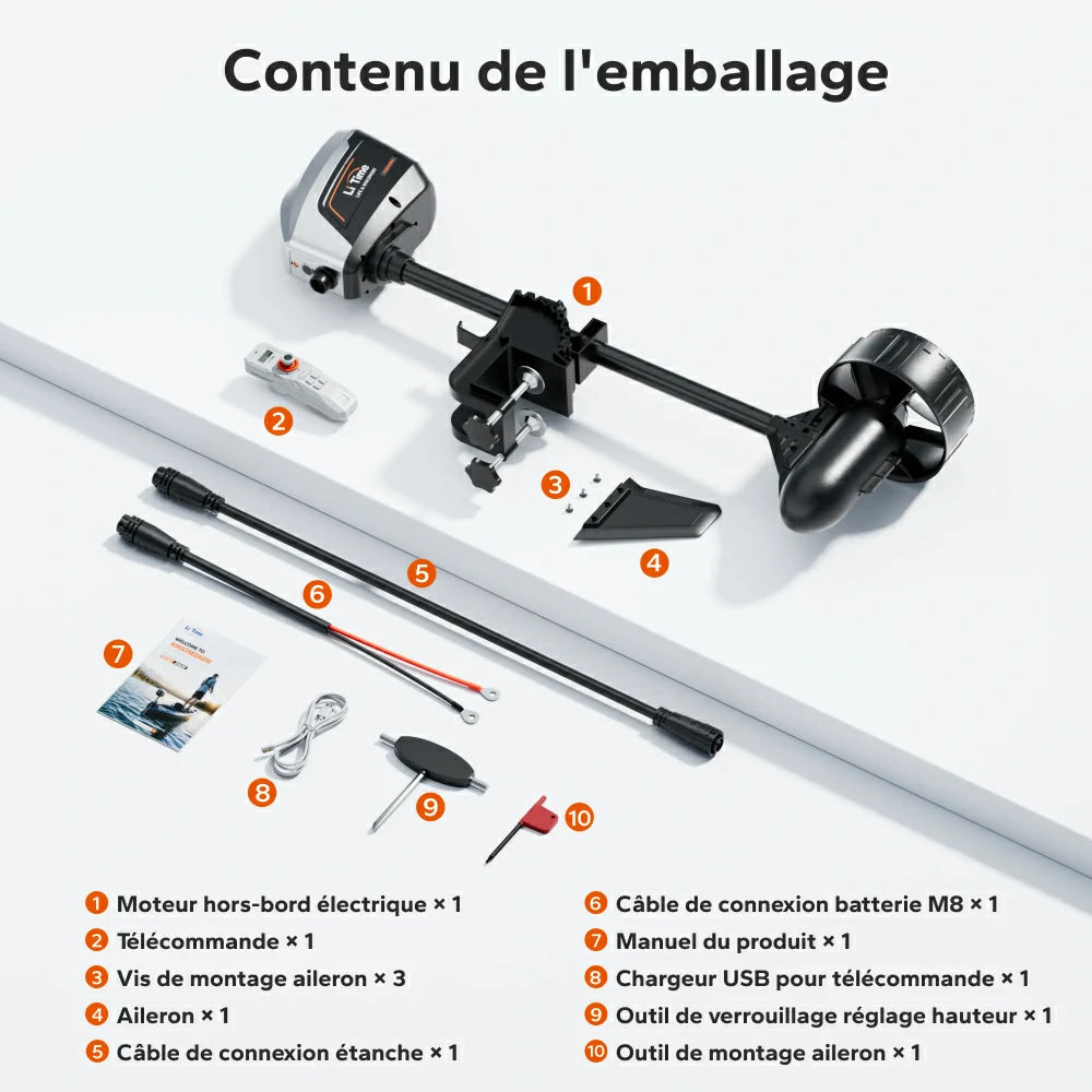 Contenu de l'emballage et accessoires inclus avec le moteur hors-bord LiTime Argoseeker 2000W