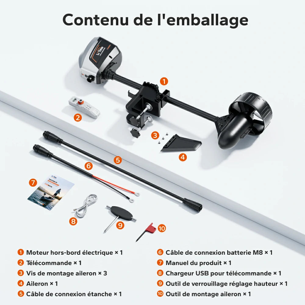 Contenu de l'emballage et accessoires inclus avec le moteur hors-bord LiTime Argoseeker