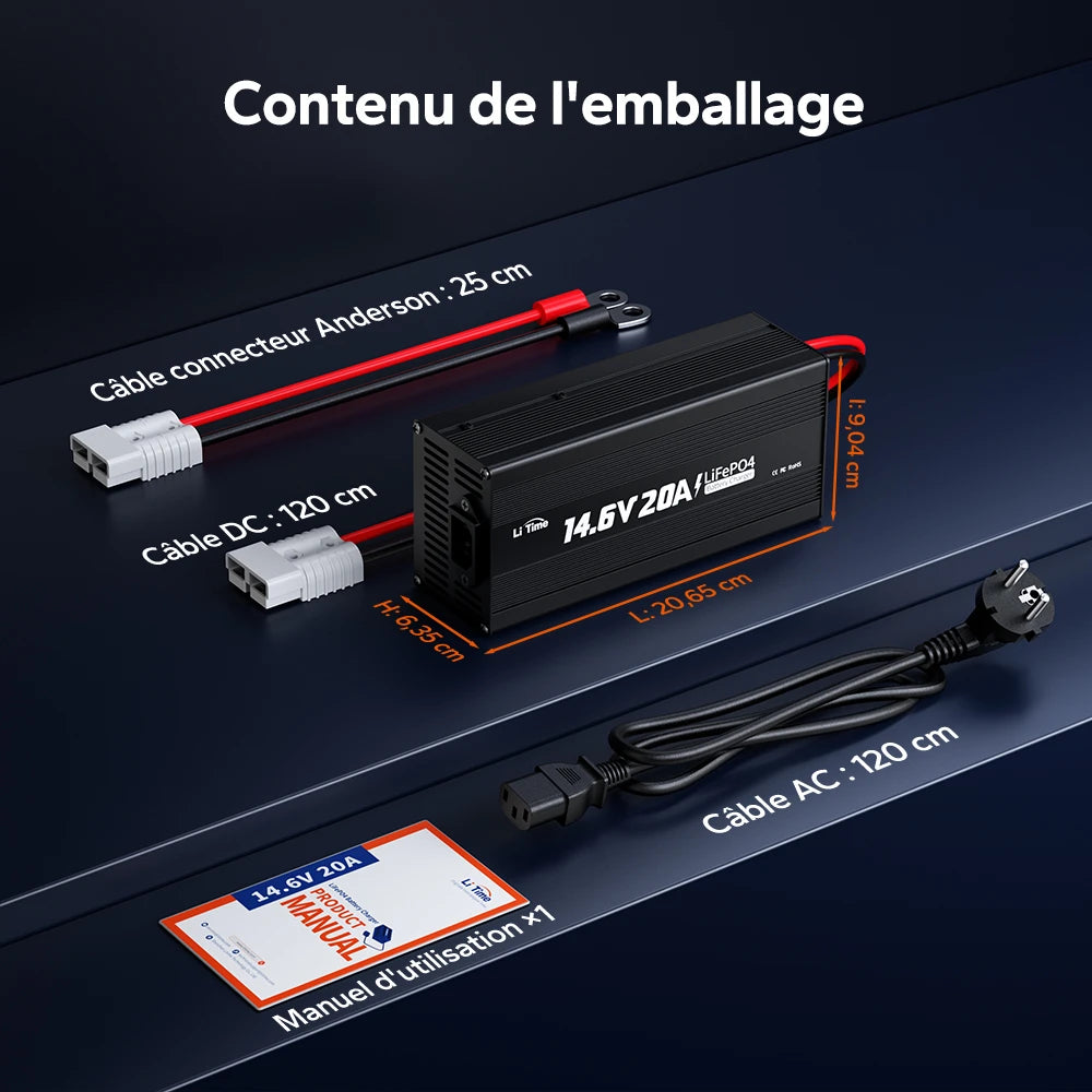 Contenu de l'emballage du chargeur LiTime 14.6V 20A : inclut le chargeur, le câble Anderson (25 cm), le câble DC (120 cm), le câble AC (120 cm) et le manuel d'utilisation.