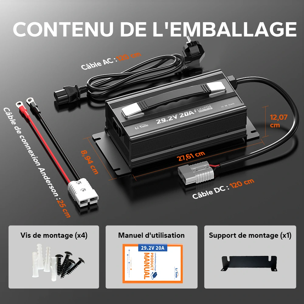 Compatibilité mondiale avec entrée secteur universelle 100-240V pour le chargeur 24V 20A