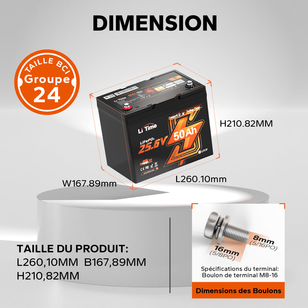Schéma des dimensions de la batterie lithium LiTime 25.6V 50Ah de taille standard BCI Groupe 24 mesurant 260,10x167,89x210,82 mm