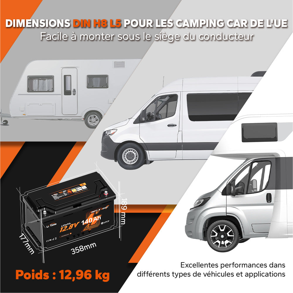Dimensions de la batterie lithium LiFePO4 LiTime 12.8V 140Ah au standard européen DIN H8 L5 : 358x177x189 mm pour un poids de 12,96 kg