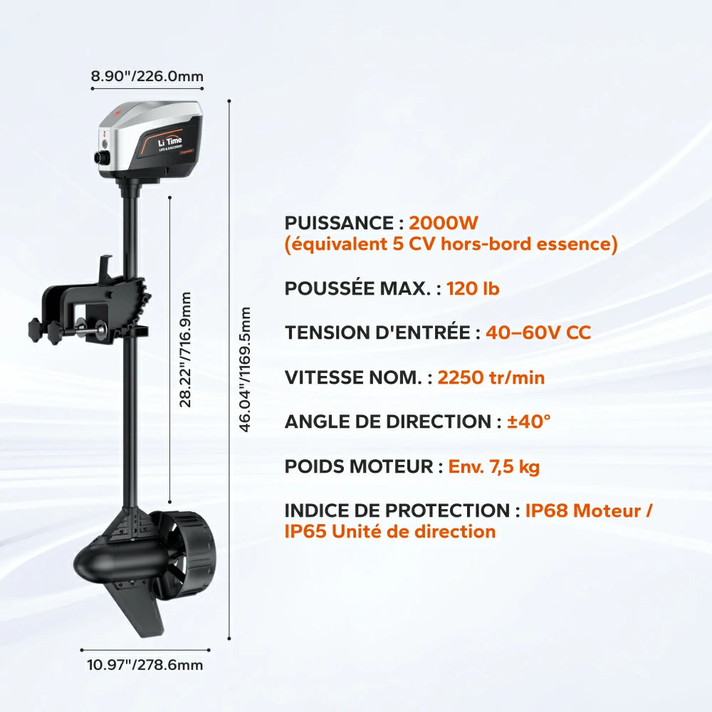 Dimensions et spécifications techniques du moteur électrique LiTime Argoseeker 2000W