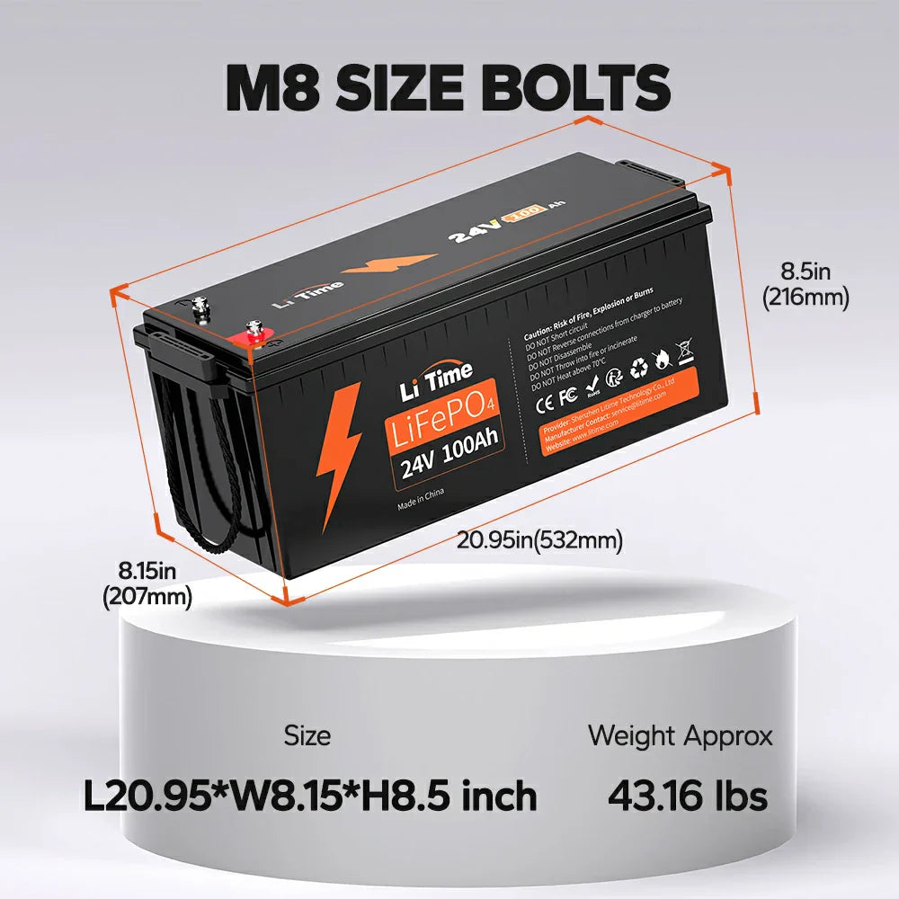Dimensions d'installation de la batterie LiFePO4 24V 100Ah LiTime pour l'optimisation de l'espace dans un camping-car ou un système solaire hors réseau.