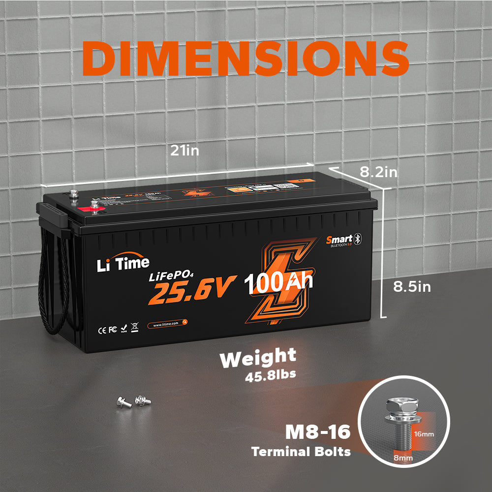Dimensions et poids de la batterie lithium LiFePO4 LiTime 24V 100Ah avec détails des dimensions en pouces et des bornes M8-16.