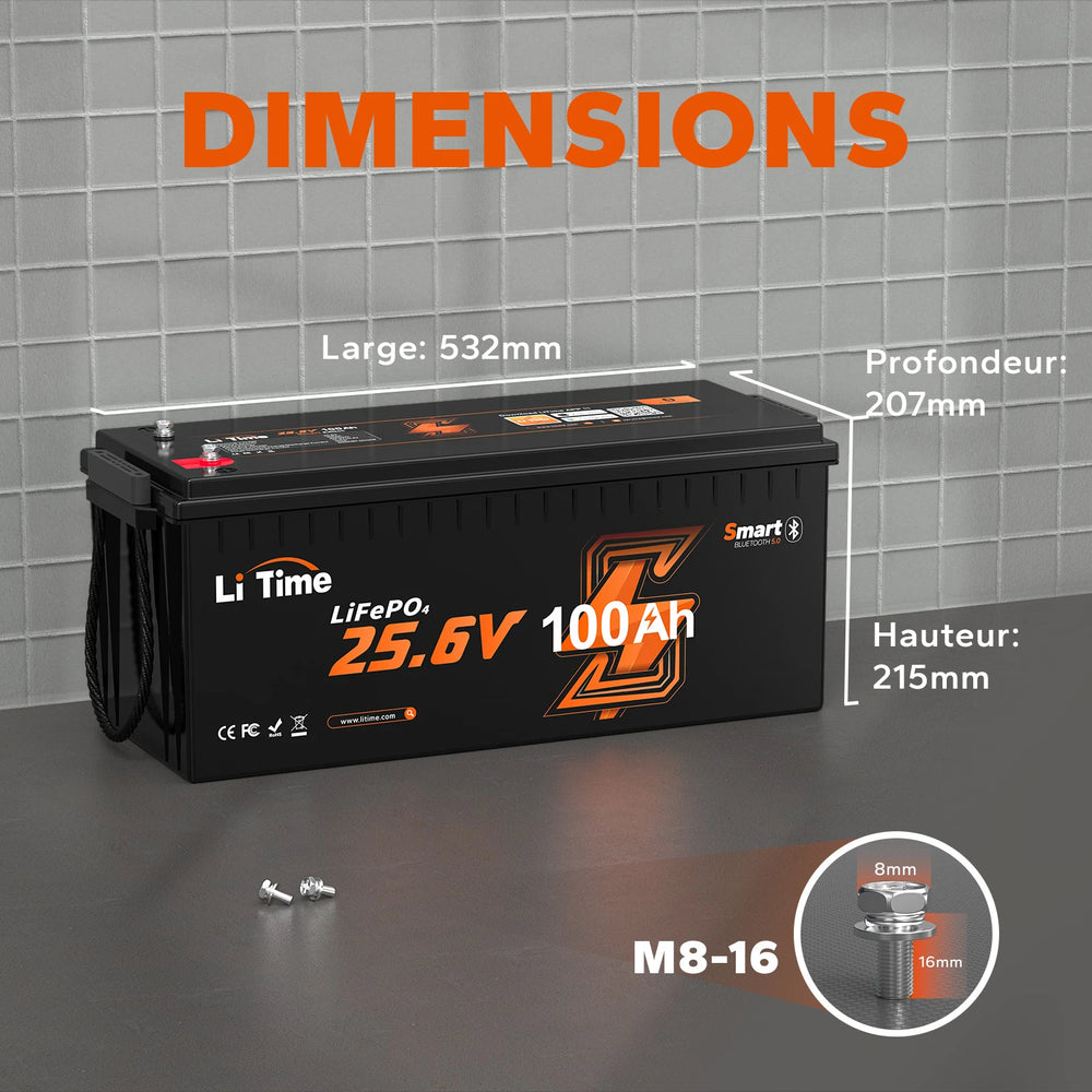 Dimensions et poids de la batterie lithium LiFePO4 LiTime 24V 100Ah avec détails des dimensions en pouces et des bornes M8-16.