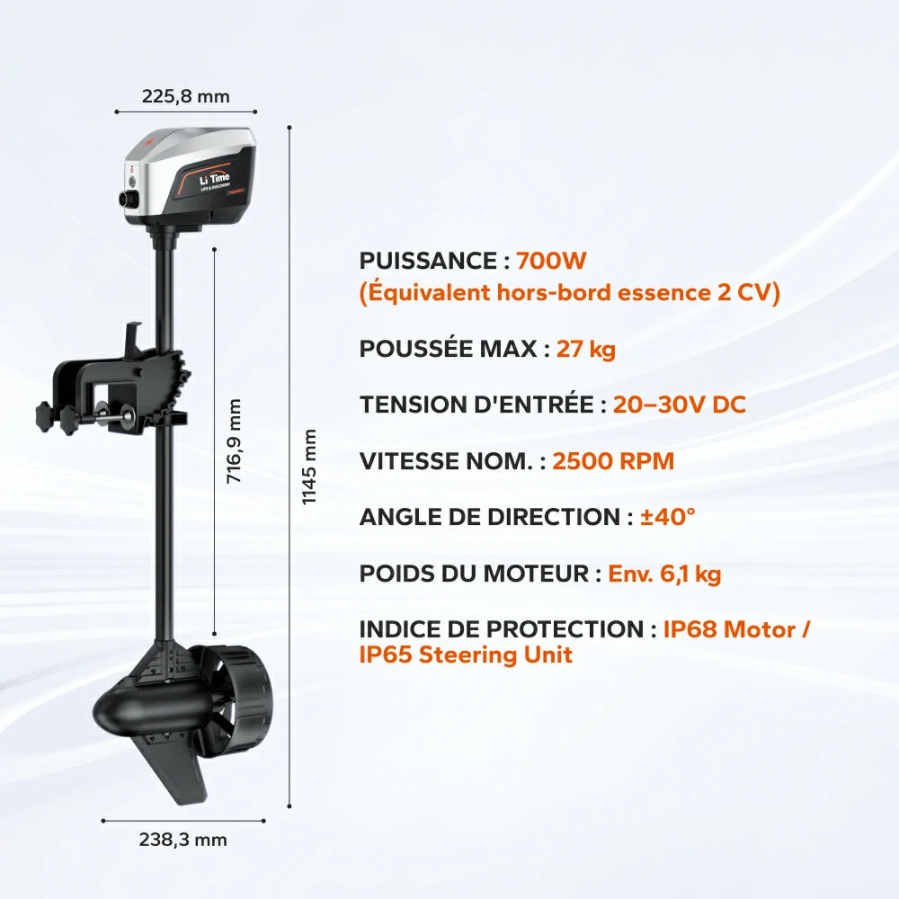 Dimensions et spécifications techniques du moteur hors-bord électrique LiTime 700W
