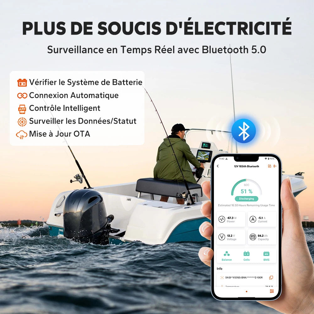 Application mobile LiTime Bluetooth 5.0 pour le suivi en temps réel et la mise à jour OTA de la batterie marine 12V 165Ah lors d'une session de pêche en bateau