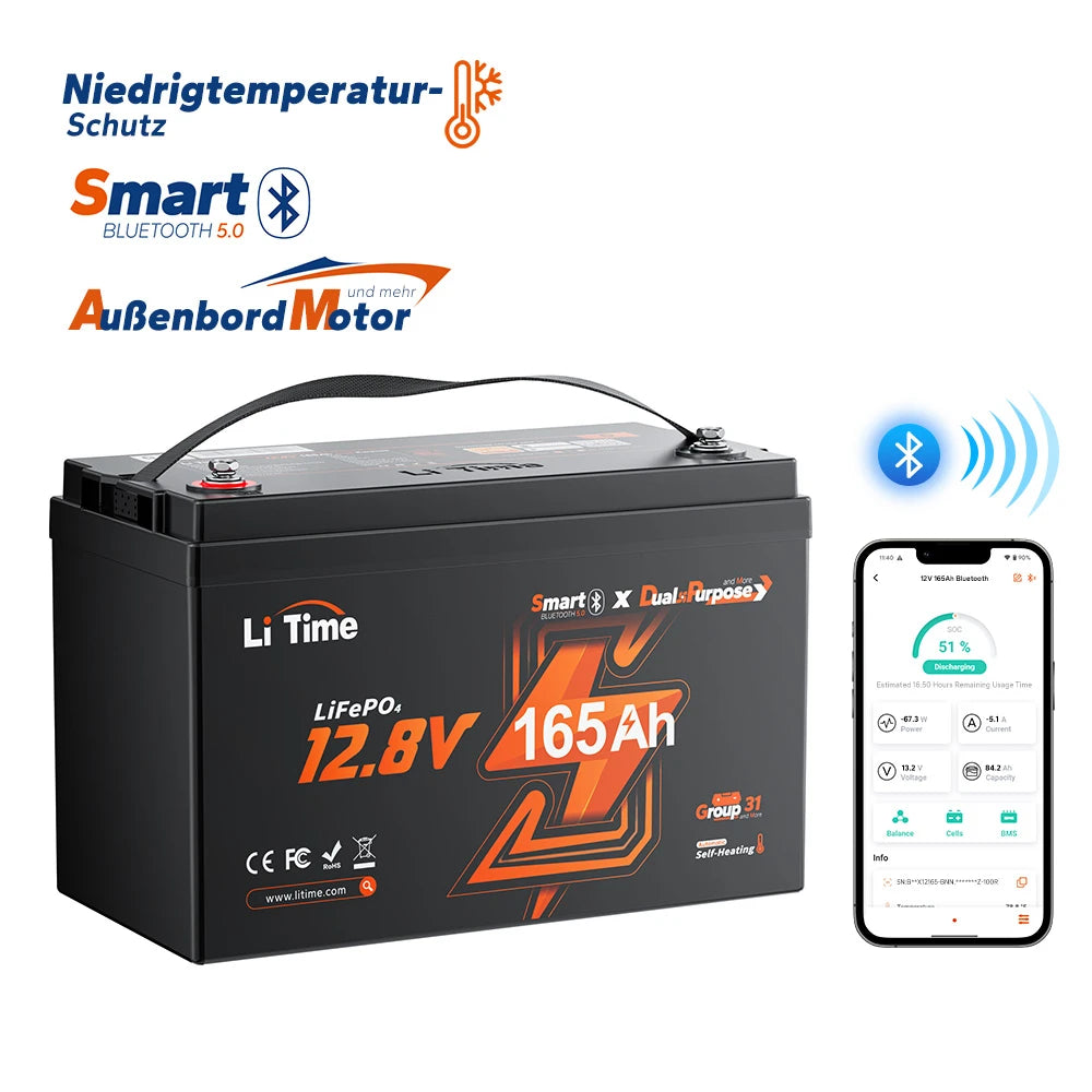 Batterie lithium LiFePO4 LiTime 12V 165Ah Double Usage avec Bluetooth 5.0, protection basse température et compatible moteur hors-bord