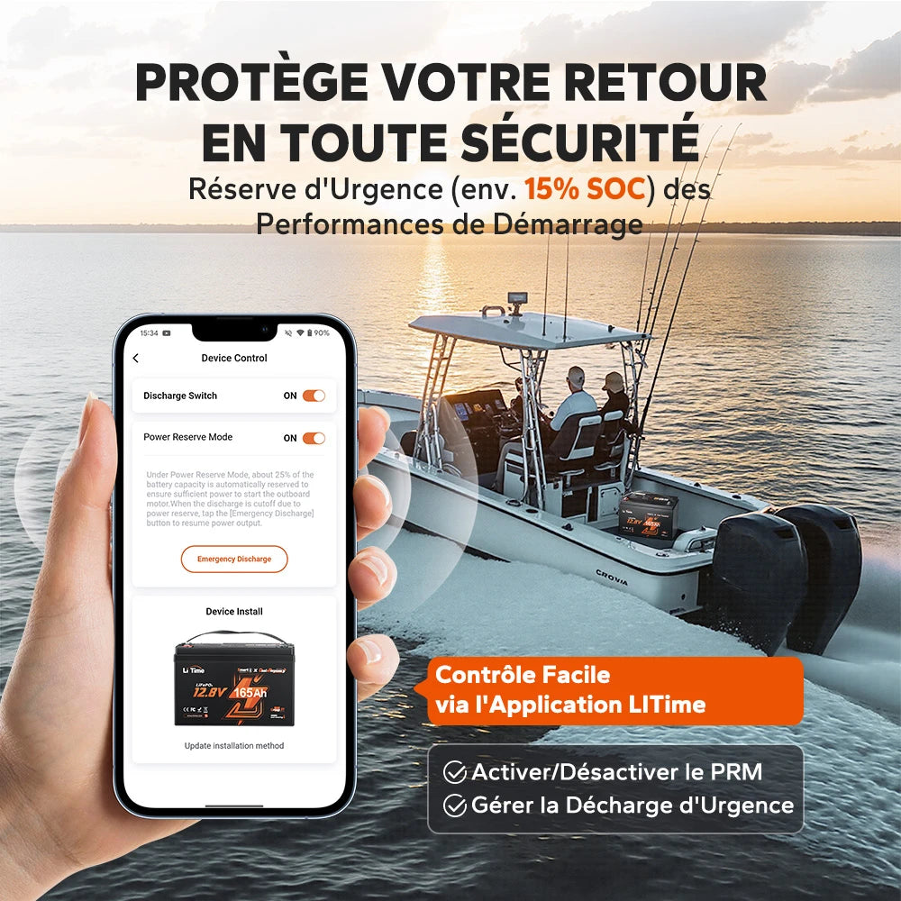 Application LiTime pour gérer la réserve d'énergie d'urgence (15% SOC) et garantir un retour au port en toute sécurité avec la batterie marine 12V 165Ah