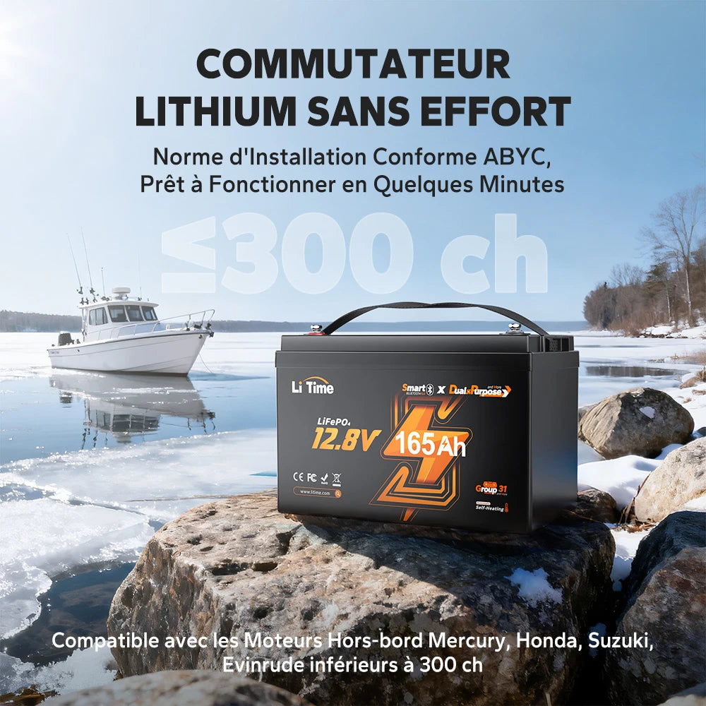 Batterie de démarrage marine LiTime 12V 165Ah conforme aux normes ABYC pour moteurs hors-bord jusqu'à 300 ch