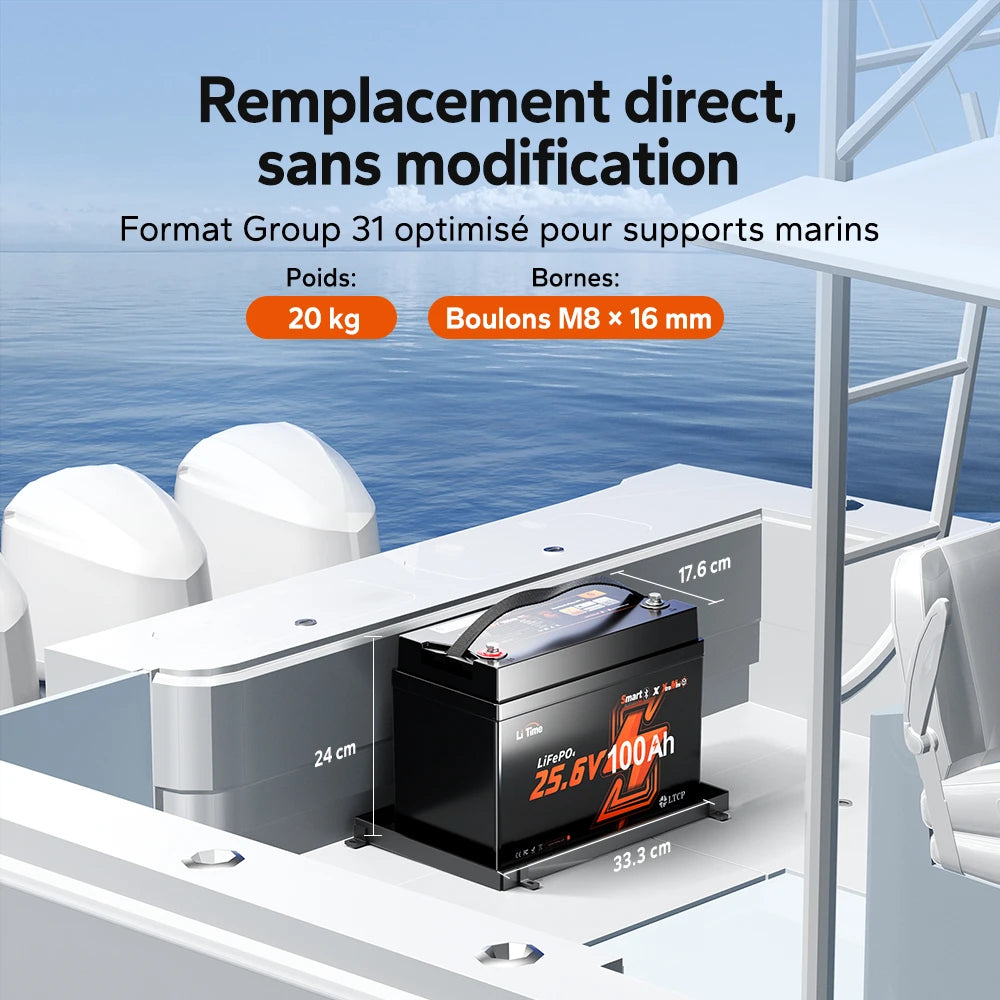 Batterie LiTime 24V 100Ah Xtra Mini haute densité pour usage nautique et vie aquatique