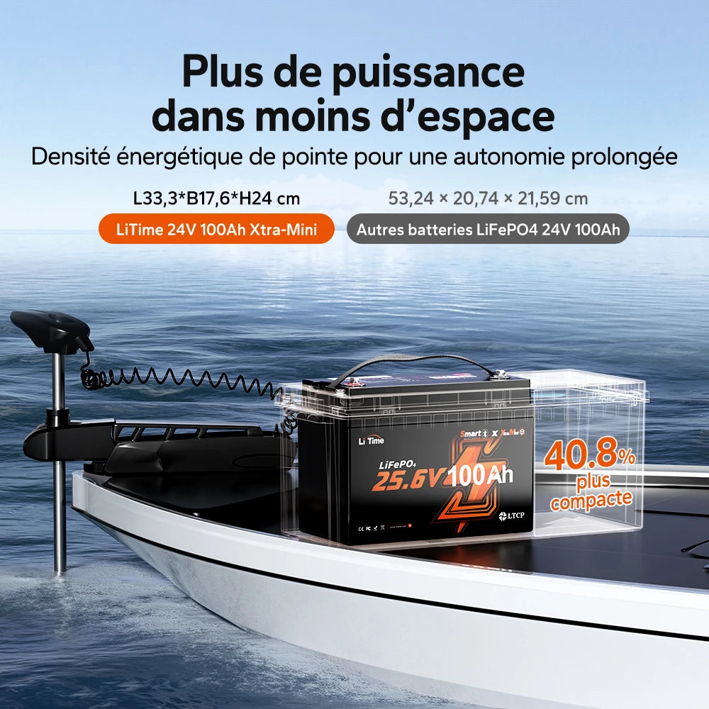 Batterie LiTime 24V 100Ah Xtra Mini format compact Group 31 pour bateau, gain de place