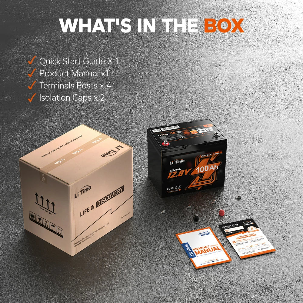LiTime Batterie LiFePO4 12V 100Ah Group 24 Bluetooth Contenu de la Boîte