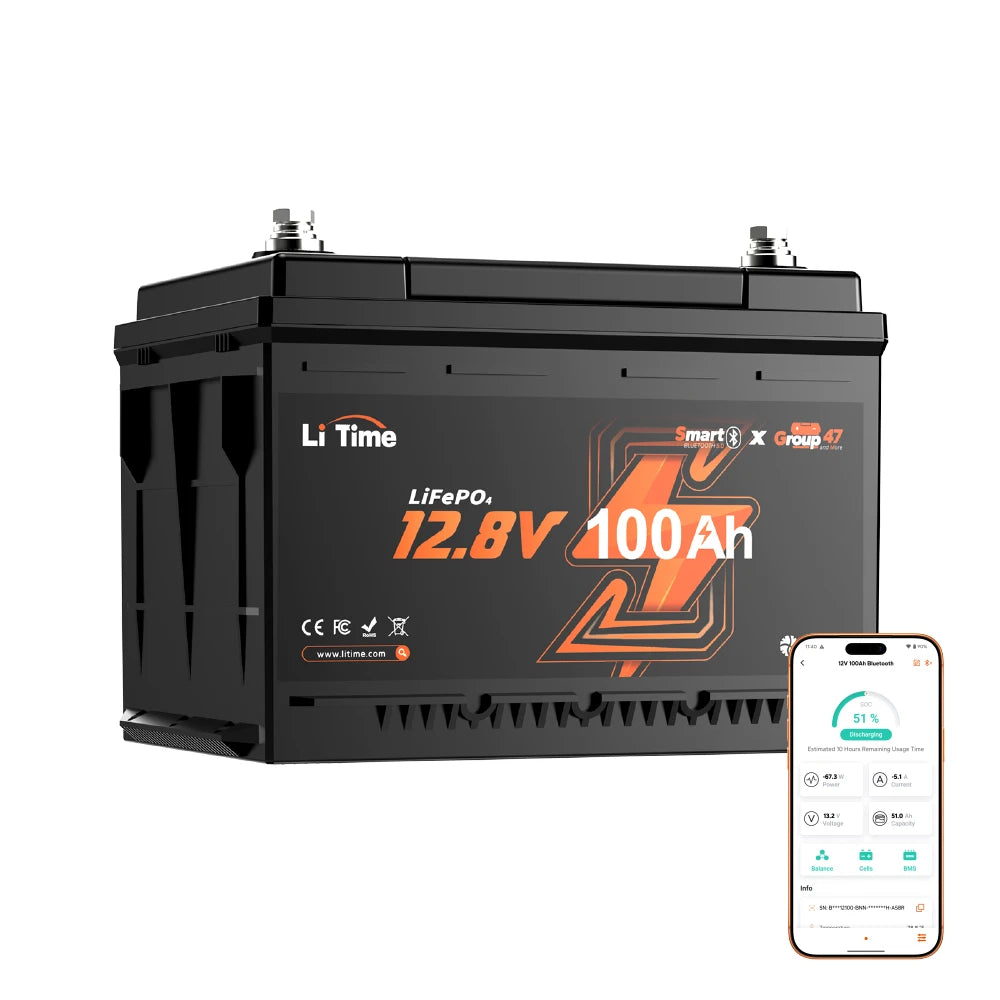 Batterie LiTime LiFePO4 12V 100Ah H168 compacte avec Bluetooth pour van et camping-car