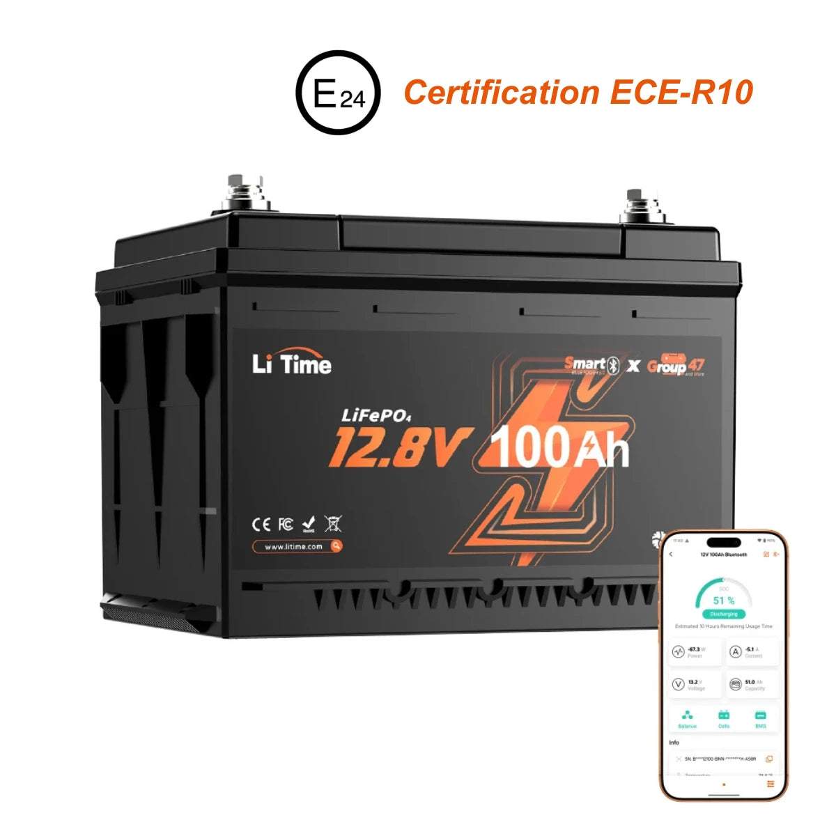 Batterie LiTime LiFePO4 12V 100Ah H168 compacte avec Bluetooth pour van et camping-car