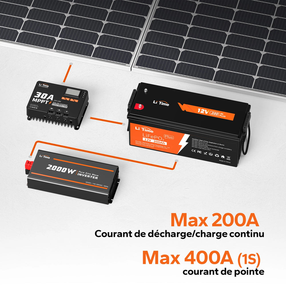 Capacité de courant de la batterie LiTime 12V 200Ah Plus : courant continu de 200A et courant de décharge de pointe de 400A pour applications solaires, camping-car et onduleurs.