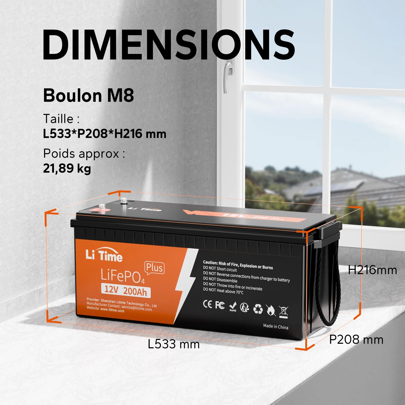 Dimensions et spécifications techniques de la batterie lithium 12V 200Ah Plus LiTime, affichant une longueur de 533 mm, profondeur de 208 mm et hauteur de 216 mm.