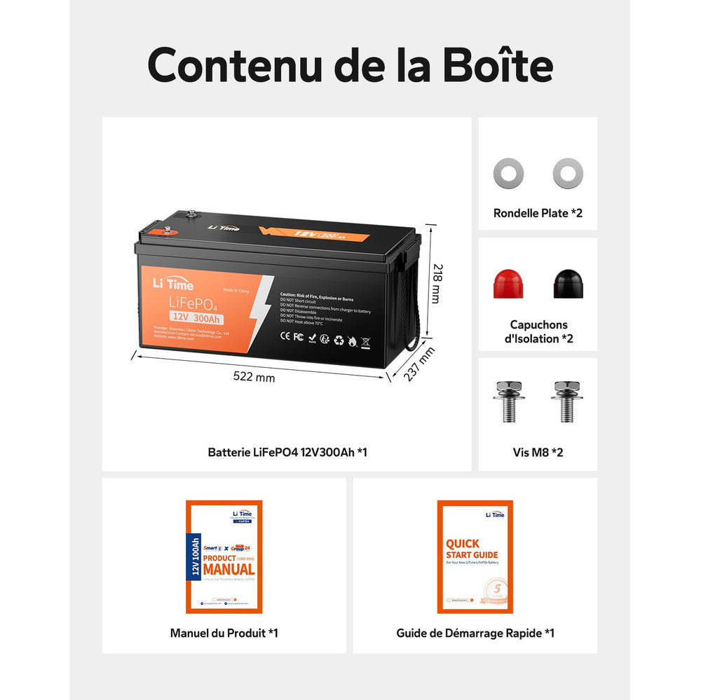 Contenu de la boîte de la batterie LiFePO4 12V 300Ah LiTime avec accessoires, vis M8, rondelles et manuel d'utilisation.