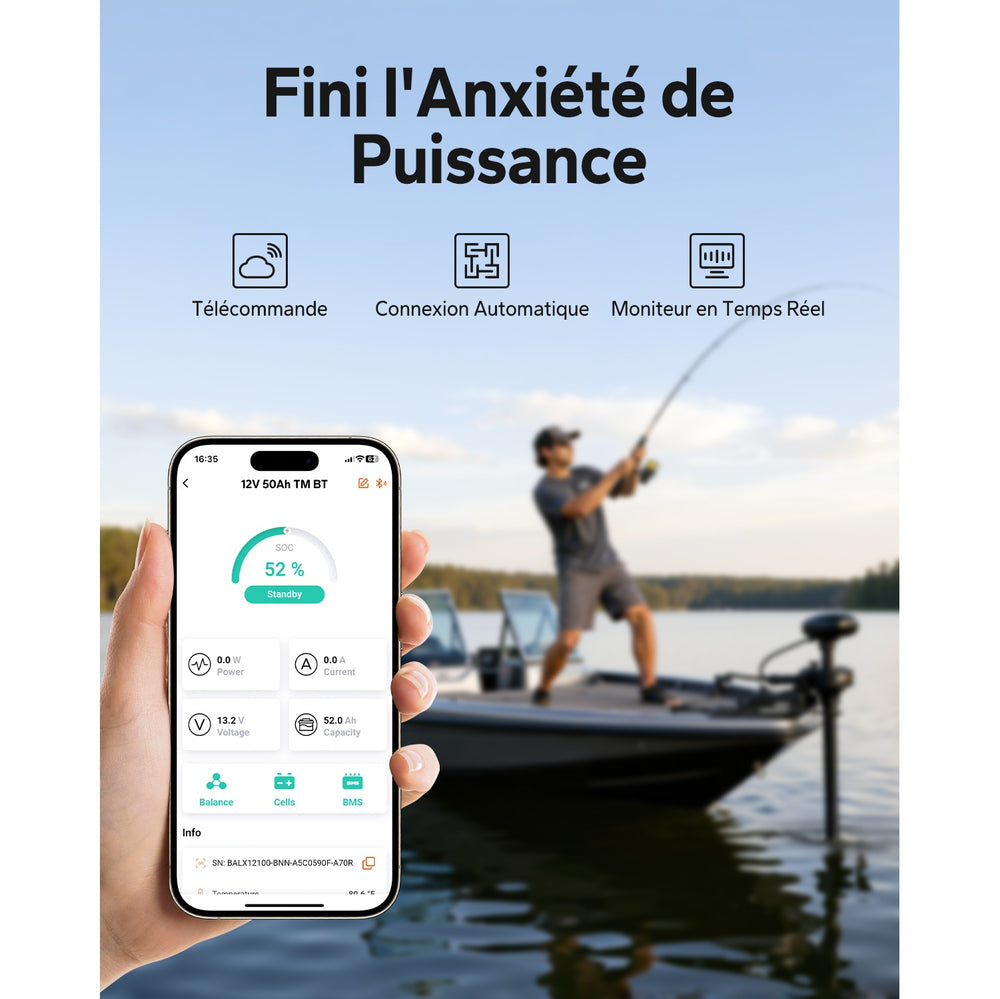 Surveillance de la batterie LiTime 12V 50Ah TM LiFePO4 en temps réel via l'application smartphone Bluetooth.