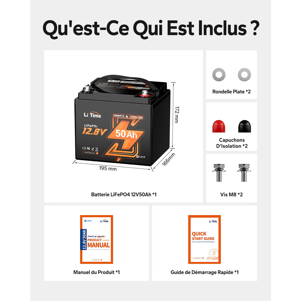 Contenu de la boîte et dimensions de la batterie LiTime 12V 50Ah TM LiFePO4 avec accessoires et manuels.