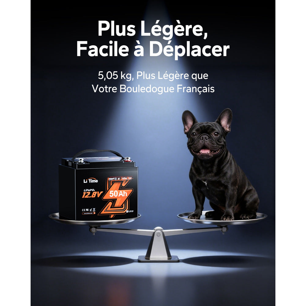 Batterie LiTime 12V 50Ah TM LiFePO4 ultra-légère de 5,05 kg, facile à transporter.