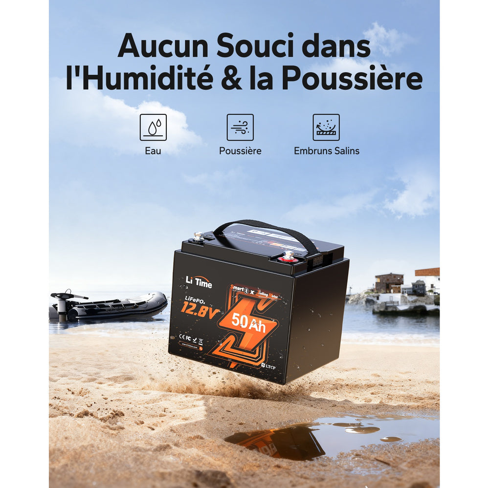 Protection BMS étanche et résistante à la poussière et aux embruns salins de la batterie LiTime 12V 50Ah TM LiFePO4.