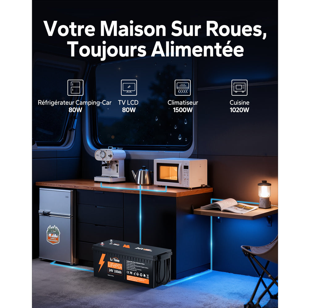 Alimentation des équipements de camping-car (réfrigérateur, TV, climatiseur et cuisine) par la batterie LiTime 24V 100Ah LiFePO4.