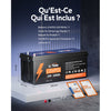 Contenu de la boîte et dimensions de la batterie LiTime 24V 100Ah LiFePO4 avec accessoires inclus.