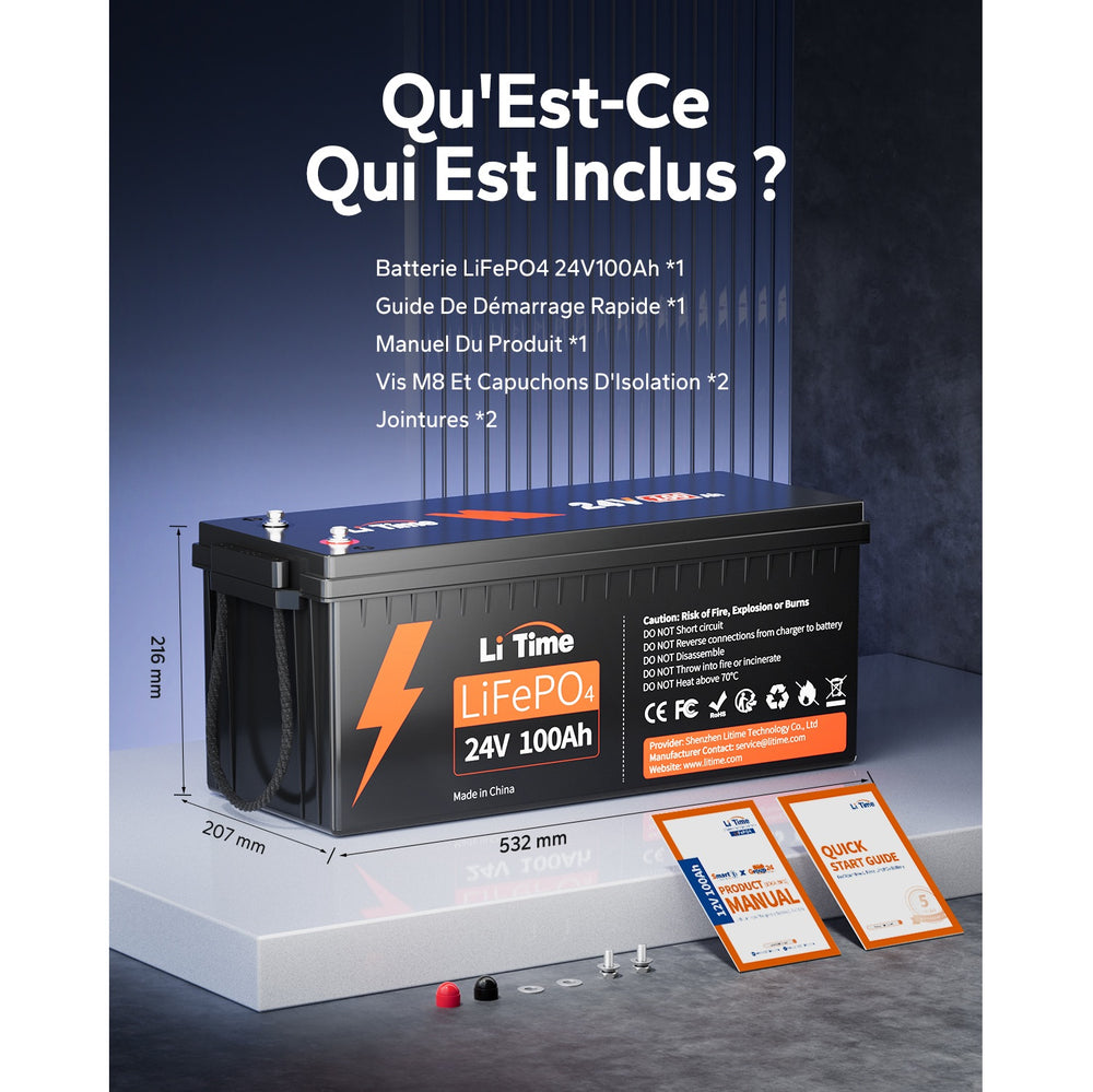 Contenu de la boîte et dimensions de la batterie LiTime 24V 100Ah LiFePO4 avec accessoires inclus.