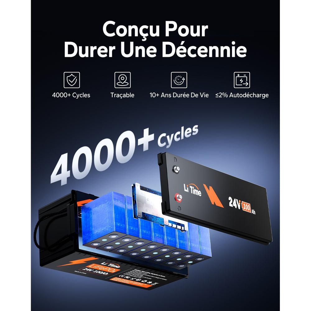 Conçue pour durer une décennie : batterie LiTime 24V 100Ah LiFePO4 avec 4000+ cycles, traçabilité et 10 ans de durée de vie