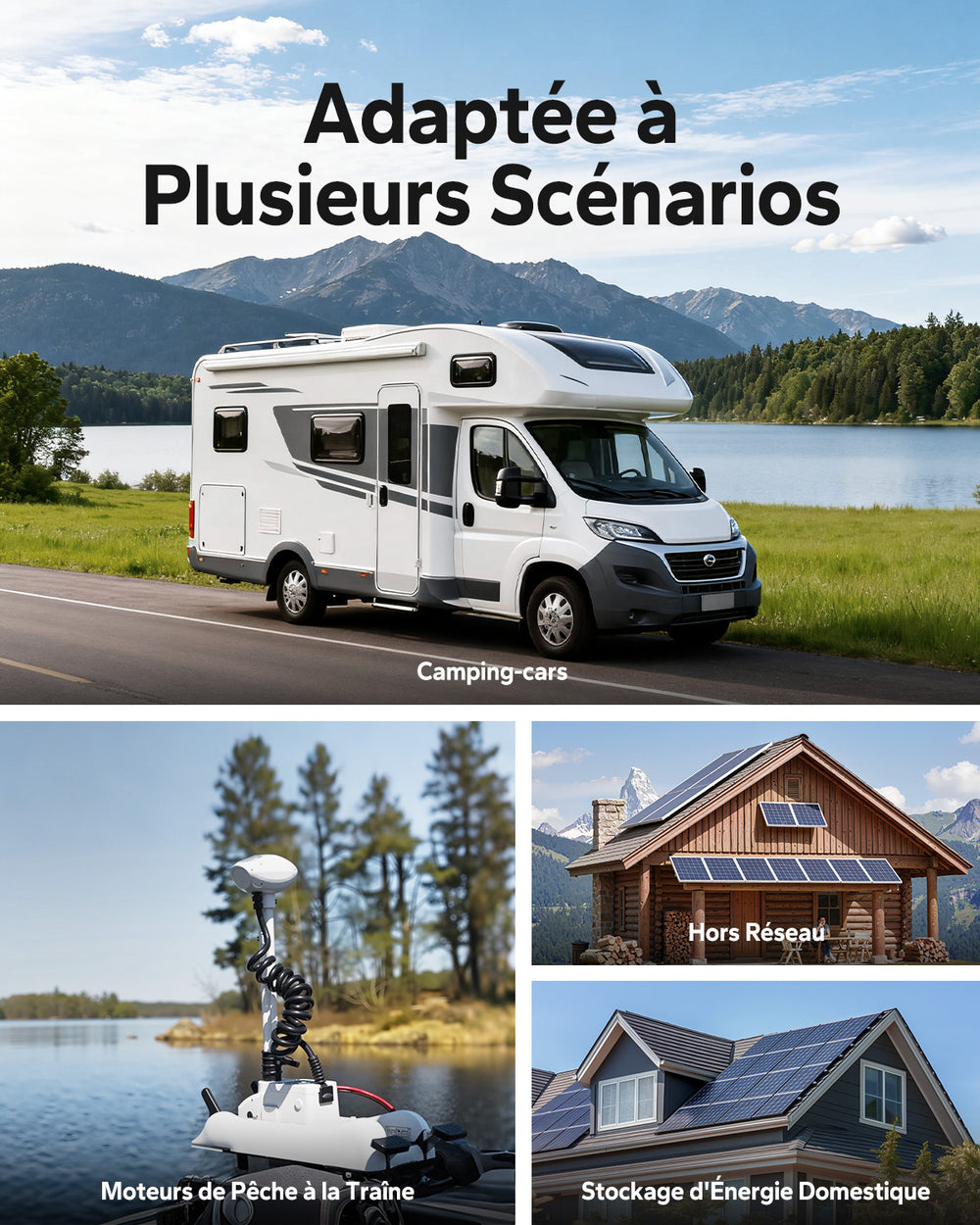 Scénarios d'utilisation de la batterie LiFePO4 LiTime pour camping-cars, installations hors réseau, moteurs de pêche et stockage d'énergie.