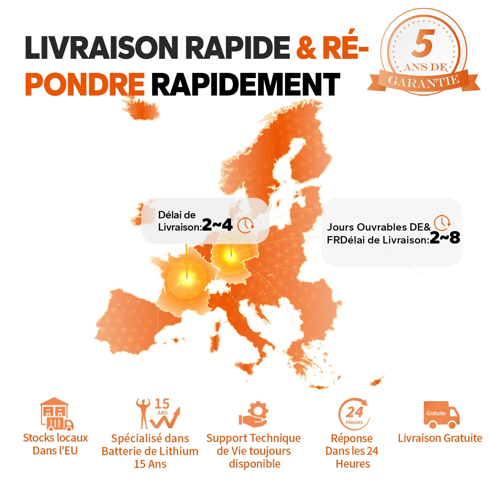 Livraison rapide en Europe pour batterie LiTime 24V 100Ah : expédition locale, garantie 5 ans et support client réactif.