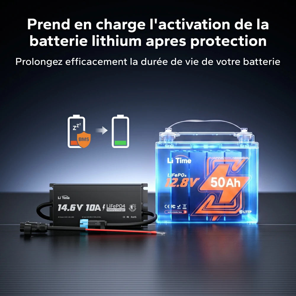 Fonction d'activation de la batterie au lithium par le chargeur LiTime après protection BMS.