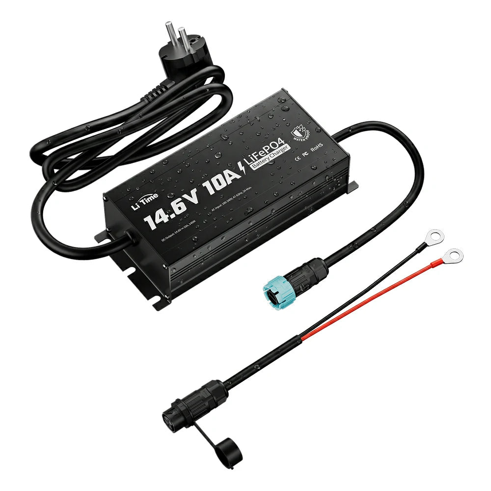 Chargeur LiTime 14.6V 10A avec prise secteur et câbles de connexion pour camping-car et bateau.