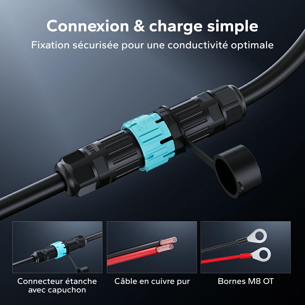 Détail des connexions du chargeur LiTime : connecteur étanche, câble en cuivre pur et bornes M8 OT.