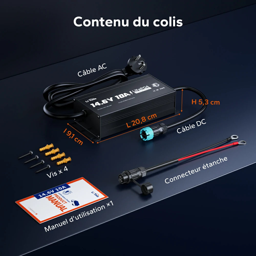 Contenu du colis du chargeur LiTime incluant le boîtier, les câbles AC/DC, les vis et le manuel.