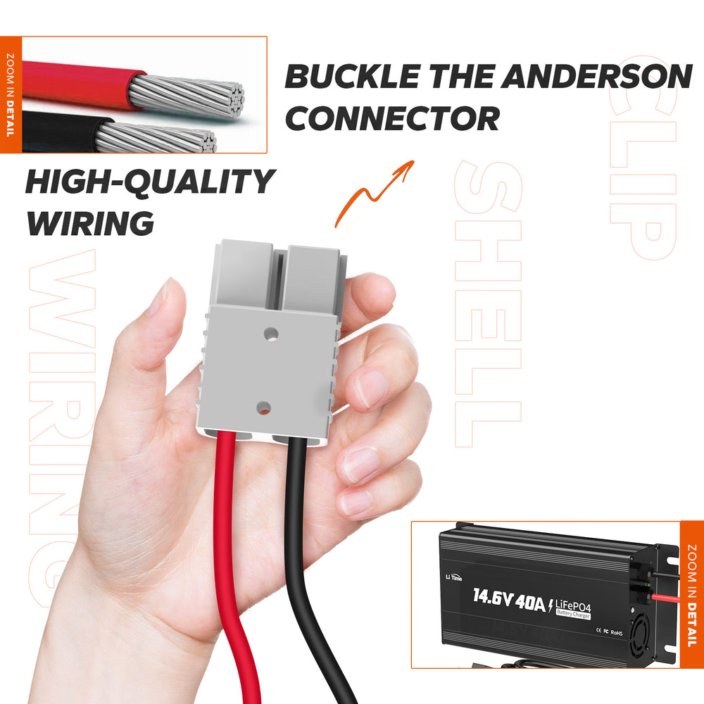 LiTime Chargeur 12V 40 Verrou du connecteur Anderson et câbles de haute qualité