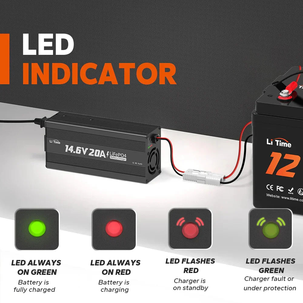 LiTime Chargeur Lithium 12V 20A Indicateur LED
