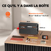 Contenu de la boîte et dimensions de l'onduleur LiTime 2000W : câbles, accessoires et télécommande LCD.