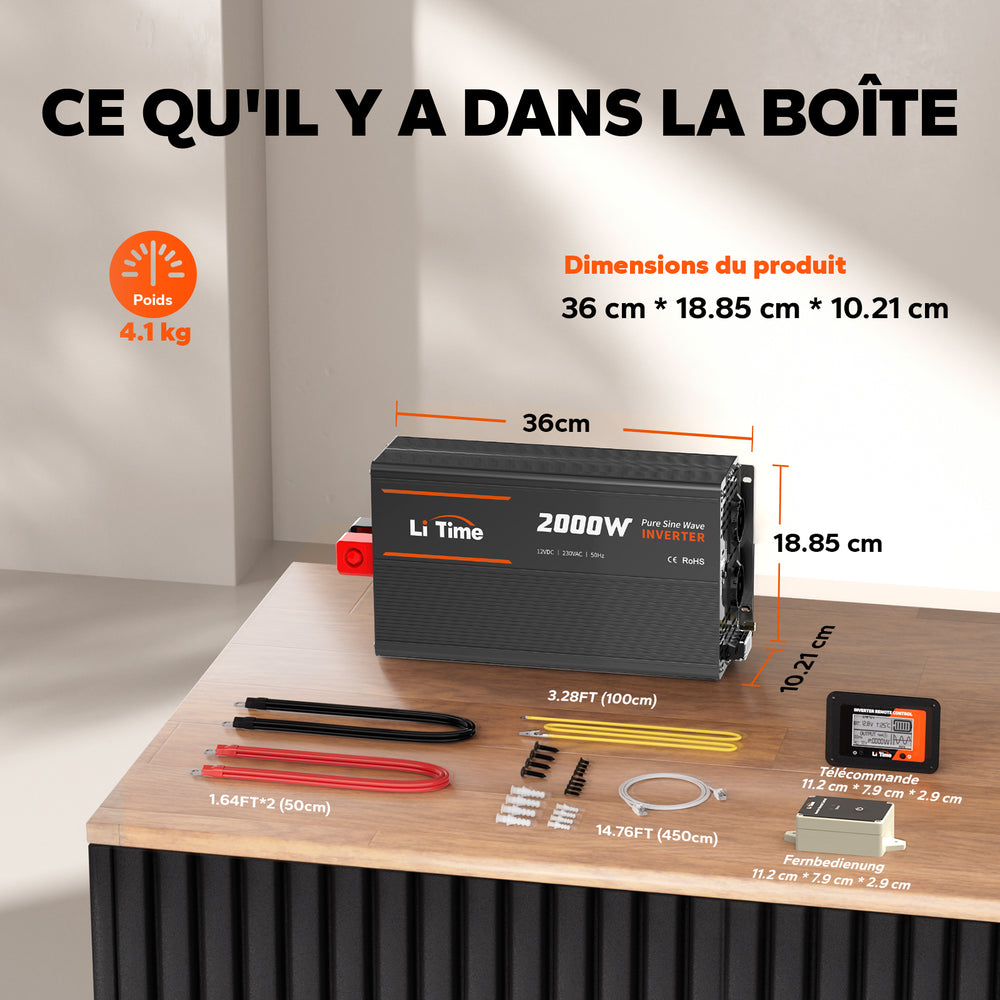 Contenu de la boîte et dimensions de l'onduleur LiTime 2000W : câbles, accessoires et télécommande LCD.