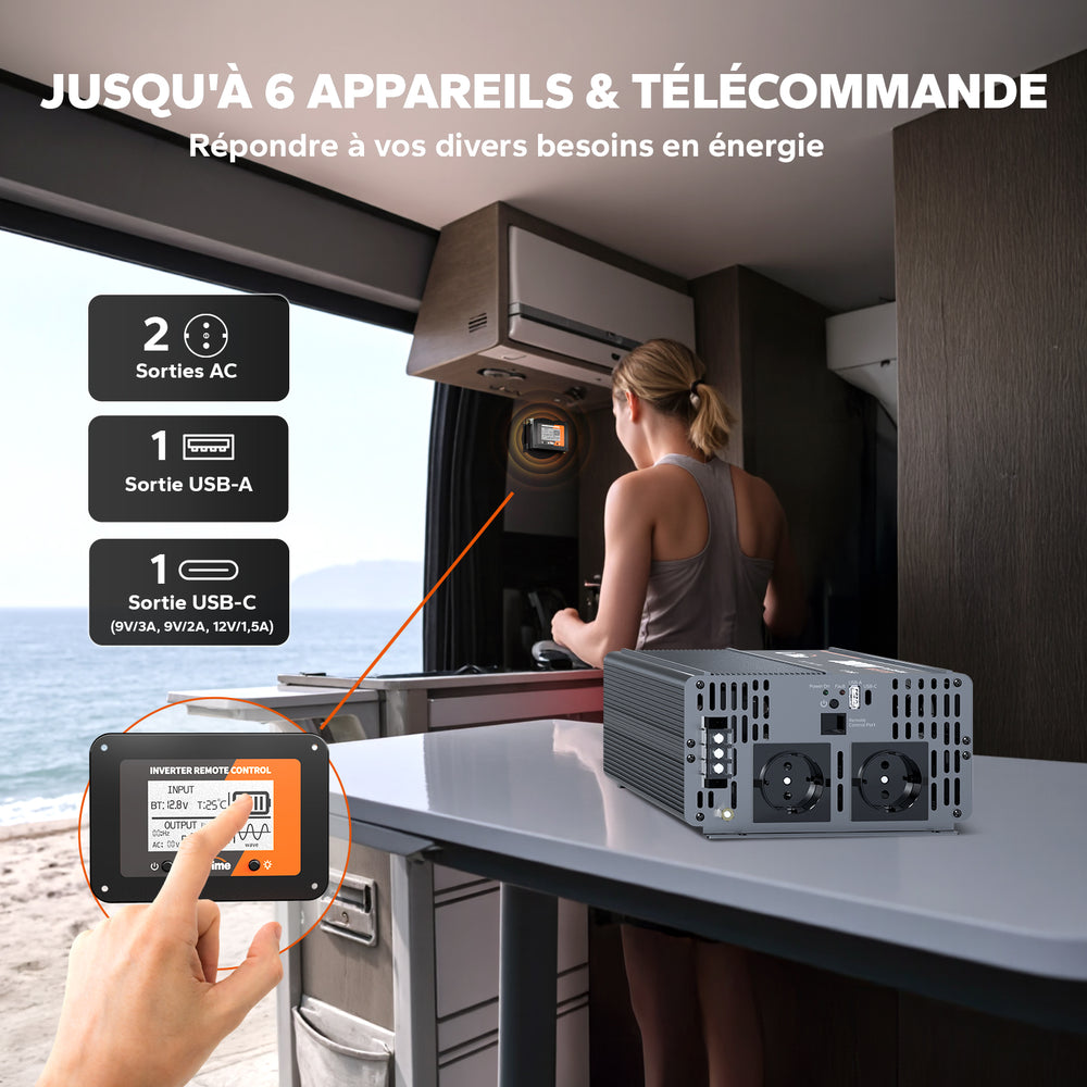Onduleur LiTime 2000W avec 2 sorties AC, ports USB-A/C et télécommande avec écran pour camping-car.