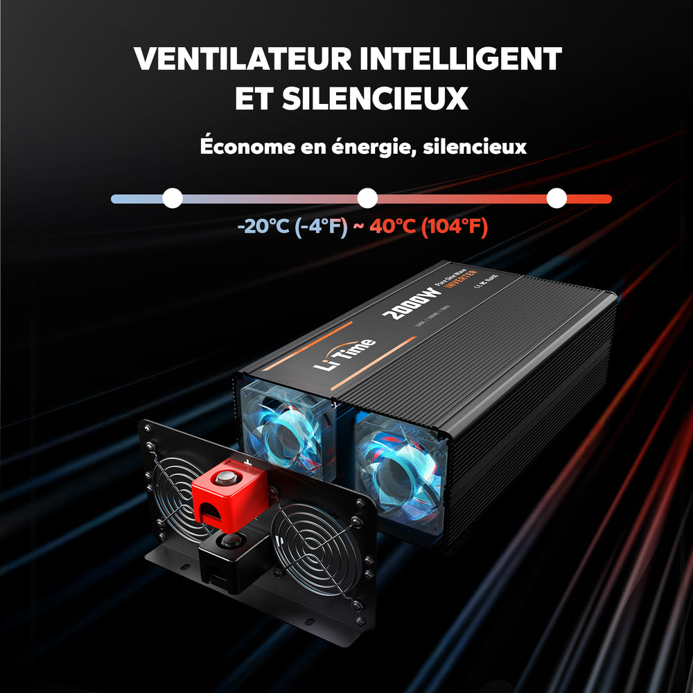 Ventilateur intelligent et silencieux de l'onduleur LiTime 2000W pour un refroidissement efficace de -20°C à 40°C.