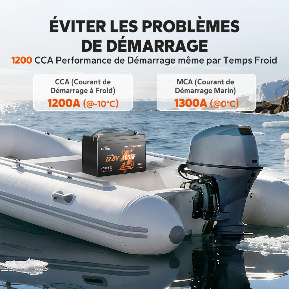 Batterie de démarrage marine LiTime 12V 165Ah avec 1200A CCA et 1300A MCA pour démarrer un moteur hors-bord par temps froid et hivernal