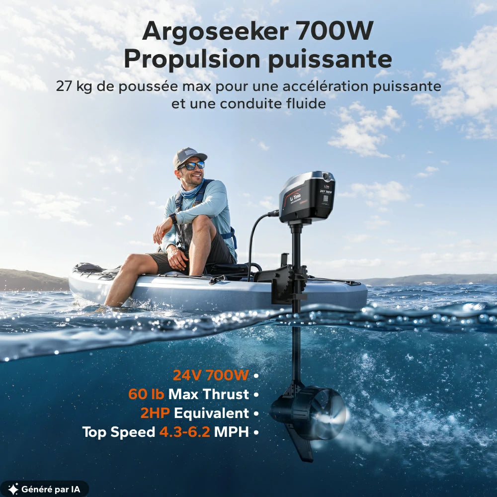 Moteur hors-bord électrique Argoseeker 700W 24V avec 60 lb de poussée et performance sur l'eau