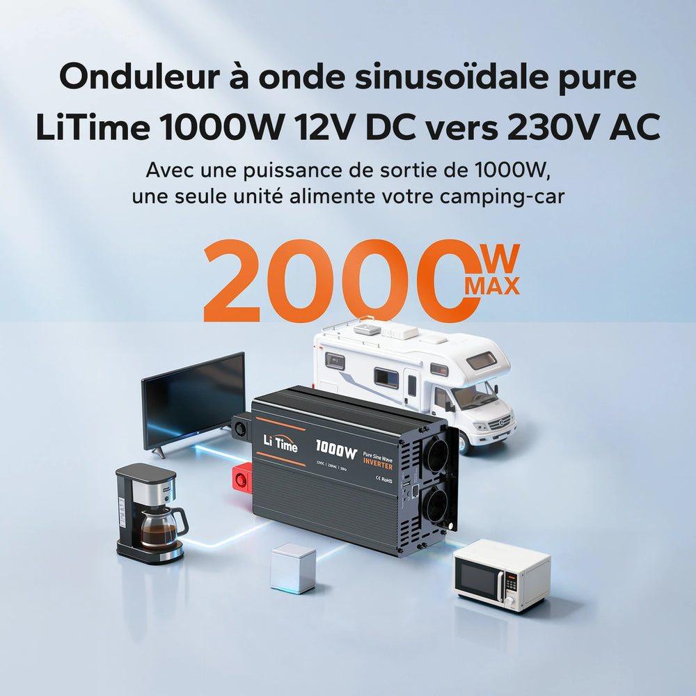 Onduleur pur sinus LiTime 1000W 12V DC vers 230V AC alimentant des appareils pour camping-car, puissance max 2000W